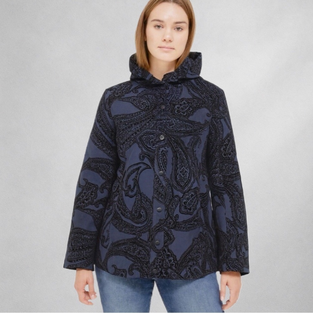 Chico’s Zenergy Women’s XL Blue Black Paisley Flocked Jacket Coat
